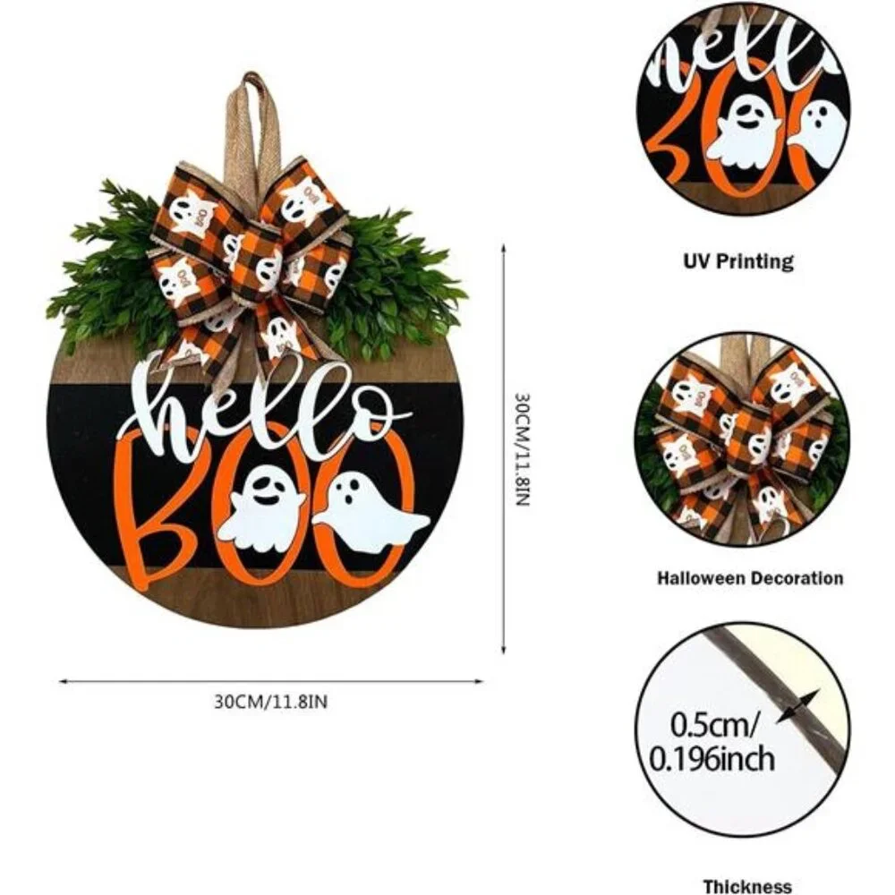 Halloween Ghost Door Sign - Cute Wood Wreath‎ for Front Door & Porch Decor